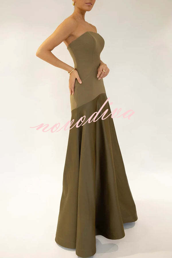 Vestido largo de gala palabra de honor de satén con paneles y vuelo, elegancia atemporal