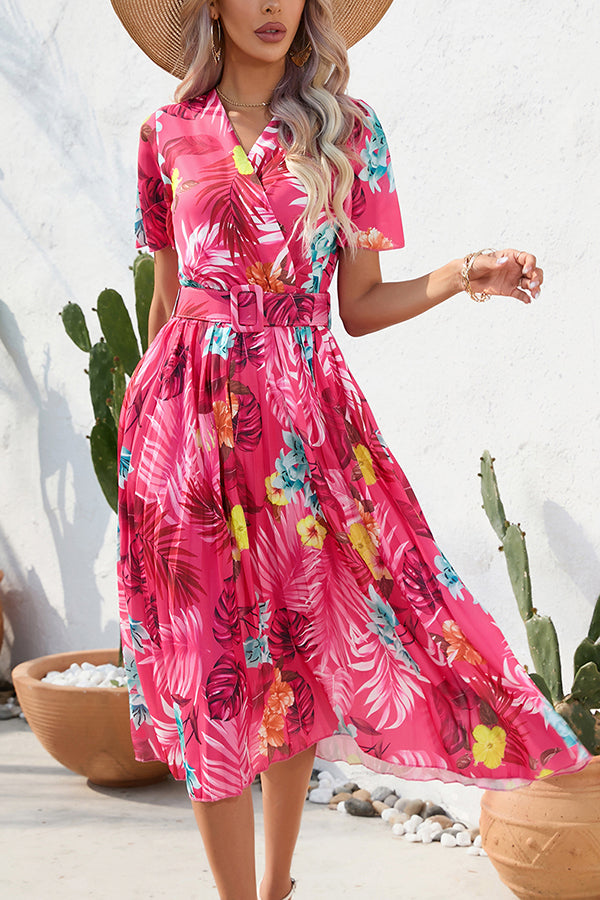 Vestido midi Paulette plisado con estampado floral en contraste y cinturón
