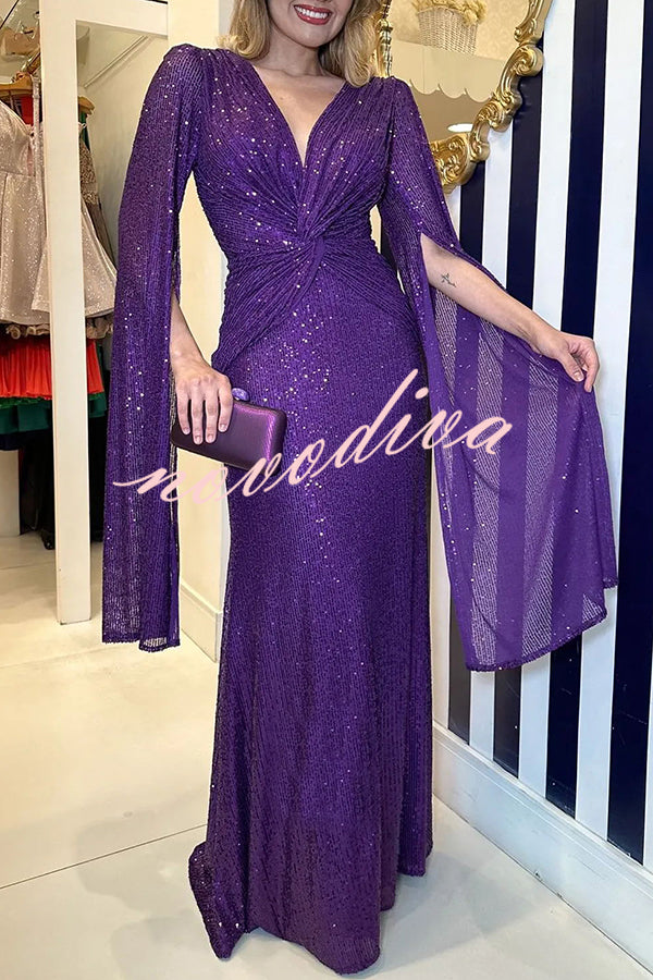 Vestido largo de noche Brilla Más de lentejuelas con manga capa y cintura cruzada