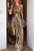 Vestido largo Be My Guest asimétrico plisado de tejido metalizado