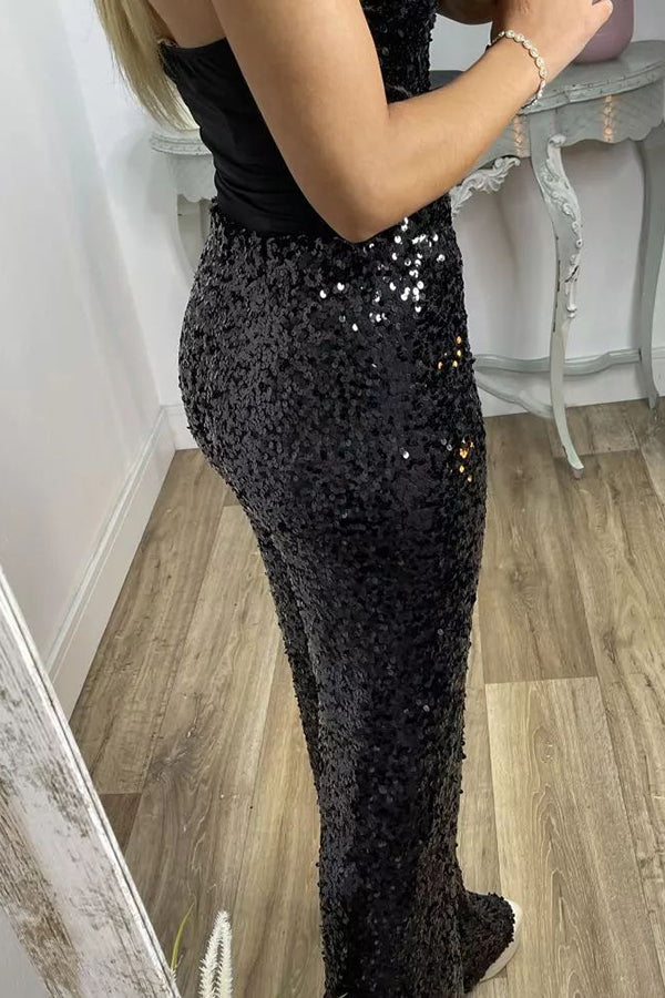 Pantalón ancho Glamour Deslumbrante de lentejuelas de talle alto con cintura elástica