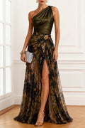 Vestido largo Ayla de satén asimétrico con flor metalizada, bajo de tul floral y abertura
