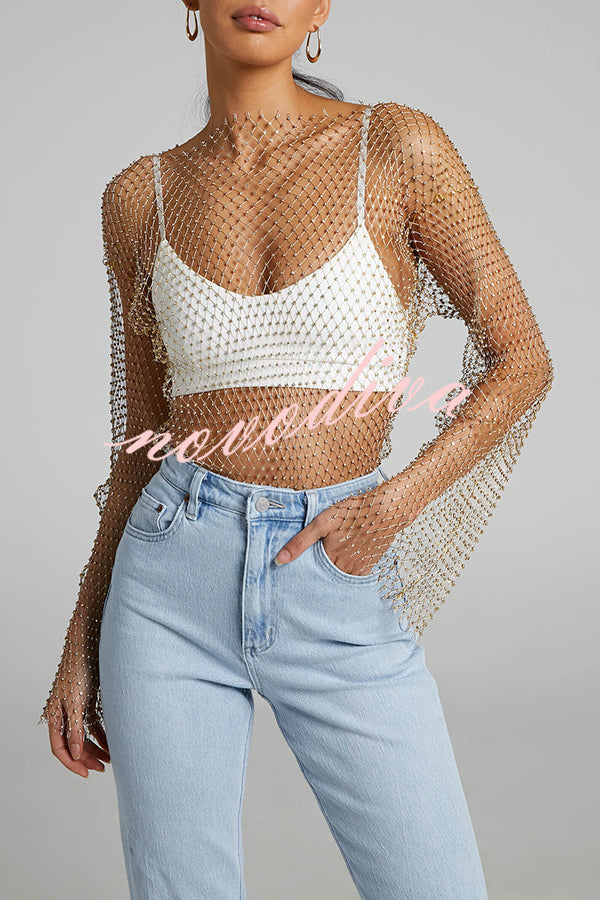 Top de manga larga acampanada de malla de rombos Best Layering Items