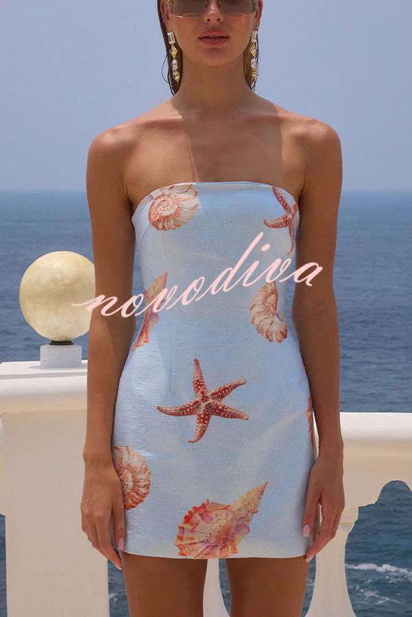 Minivestido elástico palabra de honor Beach Club de lentejuelas con estampado exclusivo