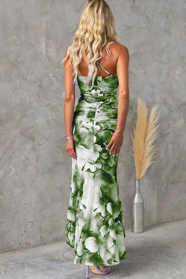 Vestido largo elástico Deja con capa de malla, estampado floral, asimétrico y fruncido
