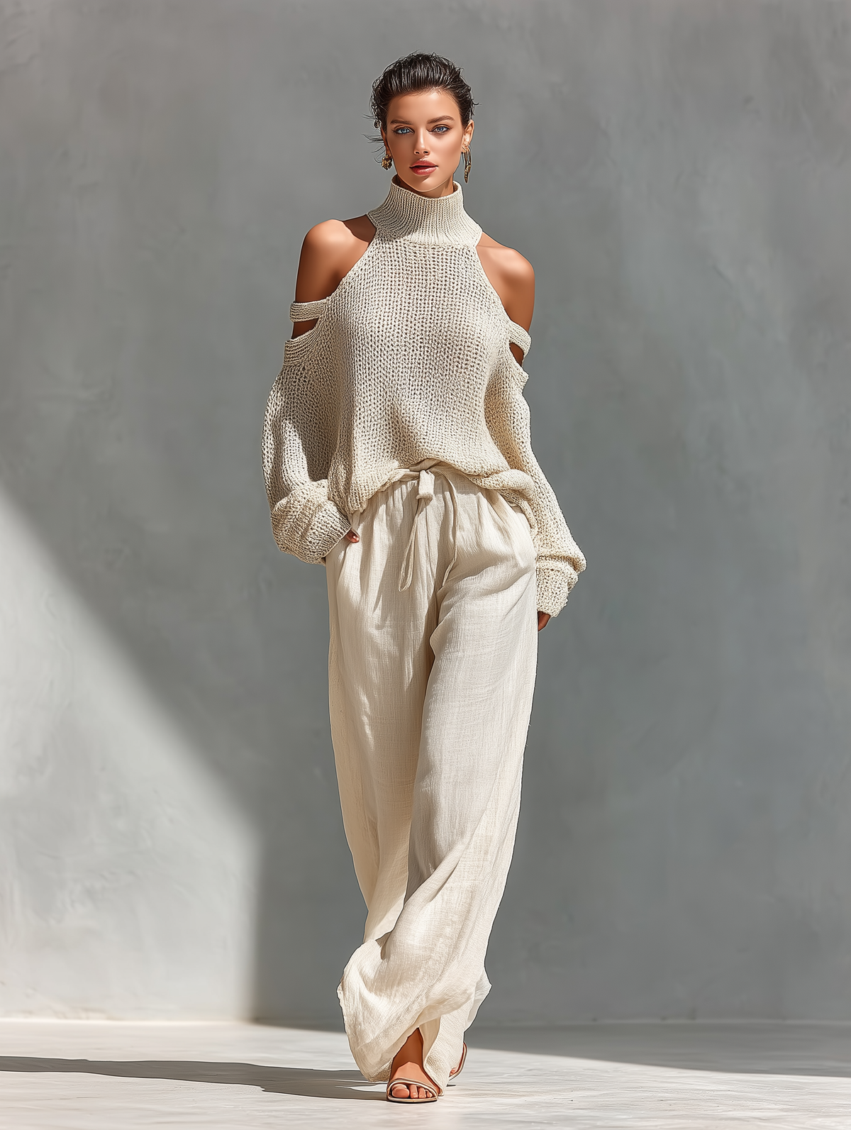 MARIA | Conjunto de top de cuello alto con hombros descubiertos y pantalón ancho de punto