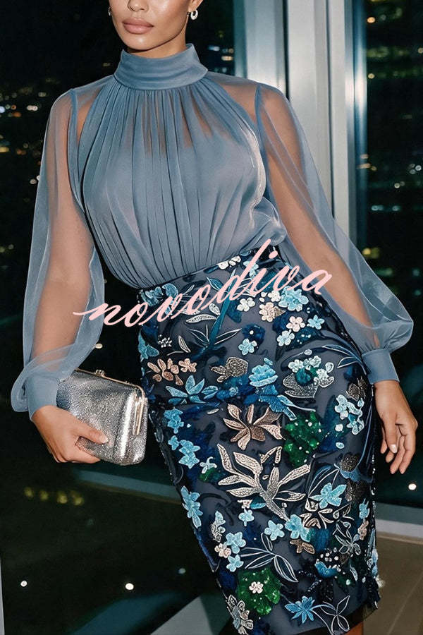 Vestido midi ajustado Analie de gasa con cuello alto, manga farol y bajo floral de lentejuelas