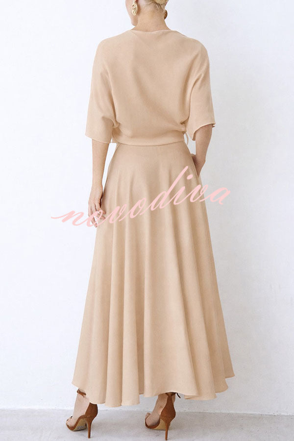 Vestido largo holgado Moderno y Elegante de satén cruzado con media manga ancha, bolsillos y abertura