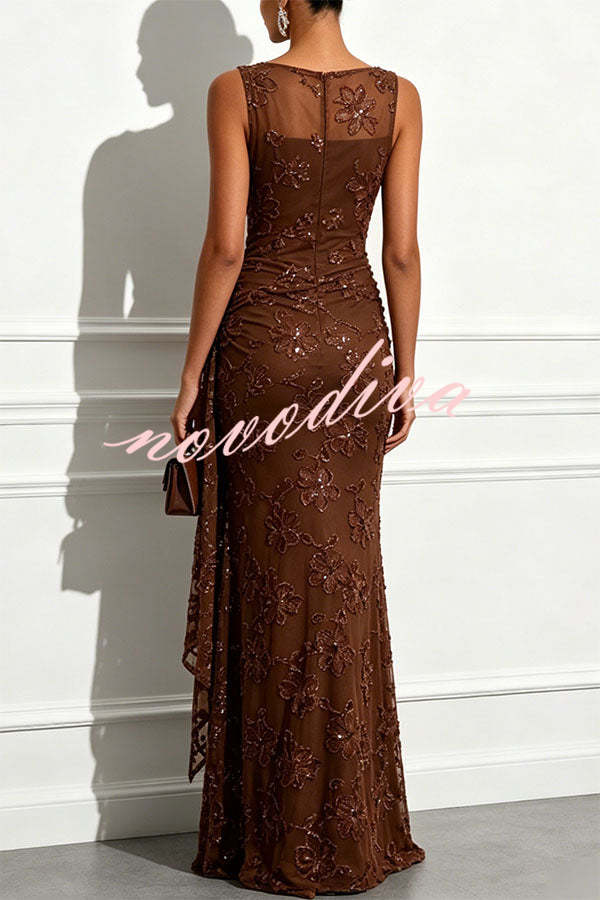 Vestido largo de gala Solana de jacquard con lentejuelas, escote barco, sin mangas y bajo anudado