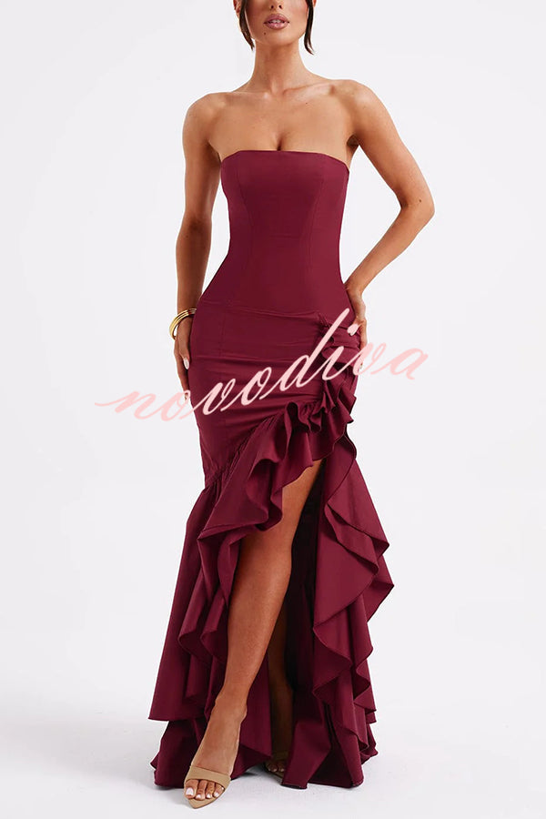 Vestido largo ajustado sexy con hombros descubiertos y bajo irregular