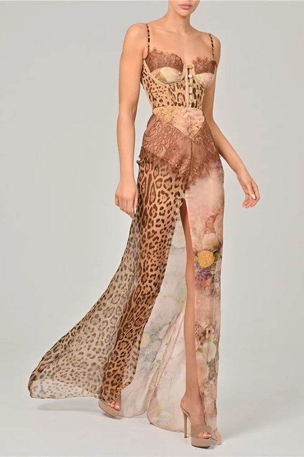 Vestido largo ajustado de gasa con estampado de leopardo, paneles de encaje sexy y abertura alta