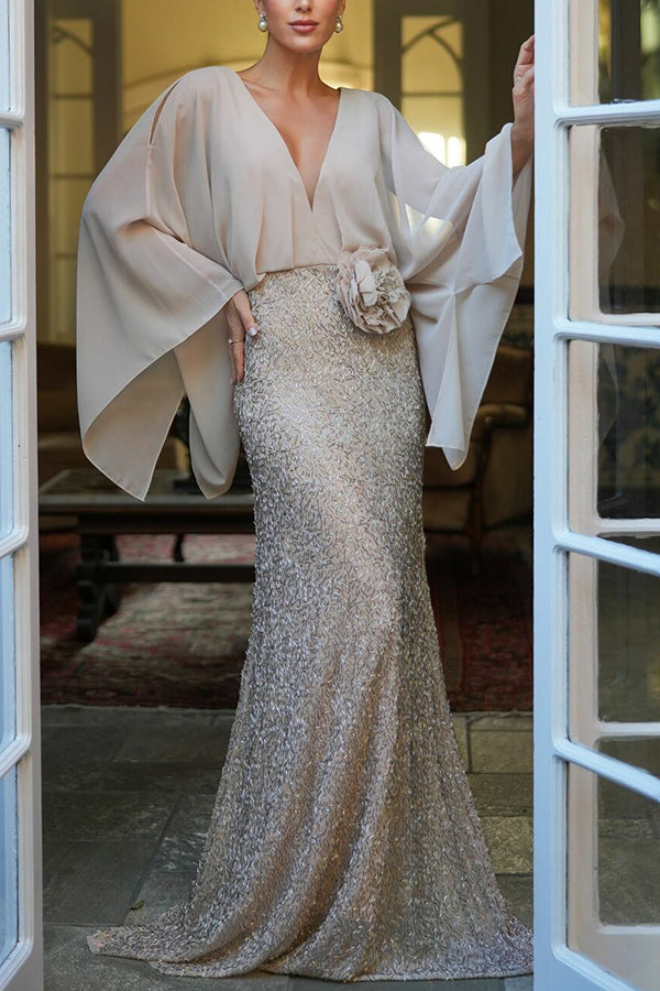 Vestido largo Aleina de gasa con manga murciélago, flores bordadas y cintura de lentejuelas