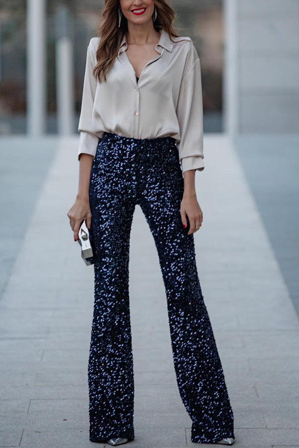 Pantalón acampanado Diva de terciopelo con lentejuelas, talle alto y cintura elástica