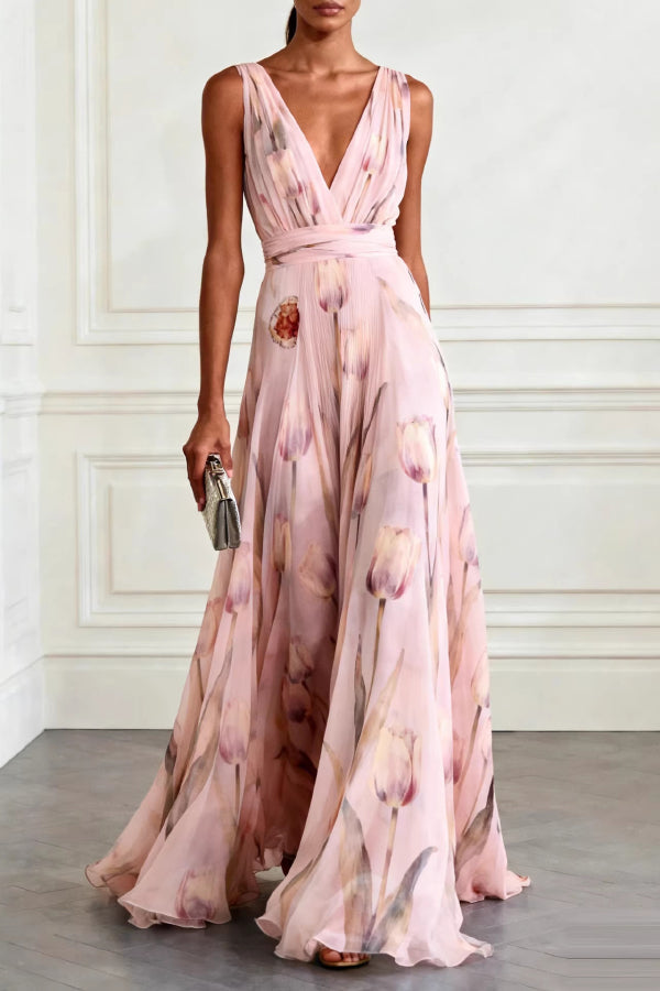 Vestido largo elegante con estampado de tulipanes, escote en V, sin mangas y cintura marcada