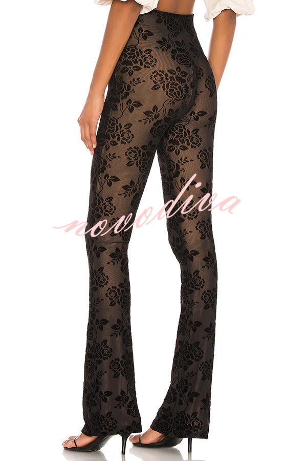 Pantalón acampanado elástico Detalle Romántico de malla con estampado de flores y cintura elástica