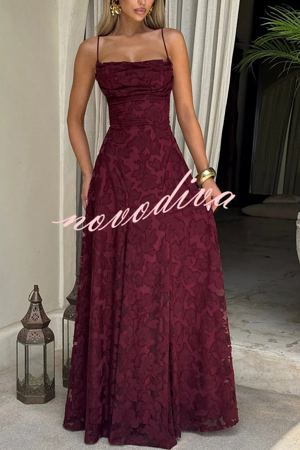 Vestido largo Francis de punto devoré floral con cuello caído y lazada en la espalda
