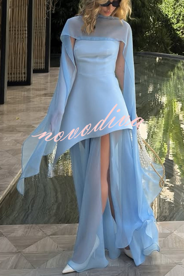 Vestido largo Mónaco con pañuelo, cuerpo estructurado con hombros descubiertos y bajo de gasa con abertura