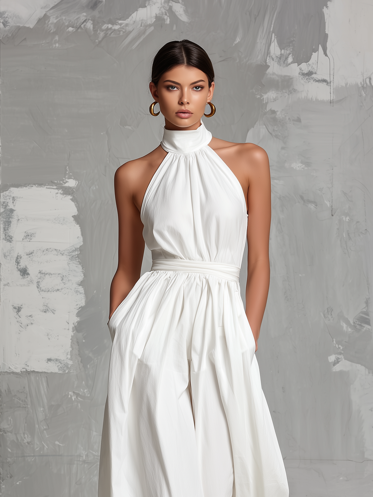Zoltán | Mono blanco de tejido sin mangas con cuello halter, elegante • S1