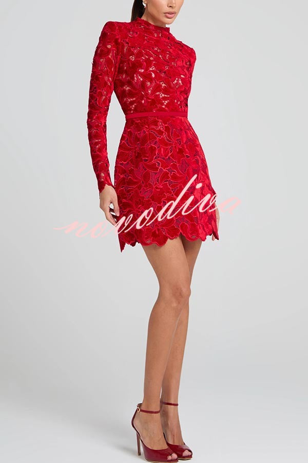 Minivestido tulipán Lydia de encaje floral bordado con manga larga y cinturón