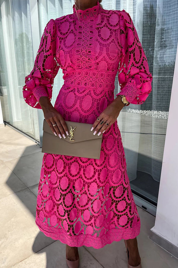 Vestido midi de fiesta Romántico, Sensual y Elegante de encaje de ganchillo con manga farol