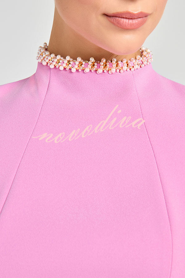 Minivestido dulce y elegante de manga corta con ribete de perlas y bolsillos