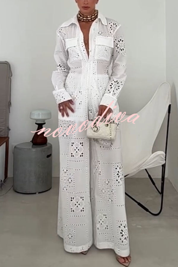 Mono camisero holgado Vivi de encaje bordado con aberturas, manga larga, bolsillos y cintura elástica
