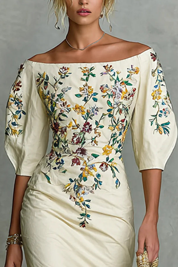 Vestido midi ajustado con estampado floral, hombros descubiertos y manga abullonada