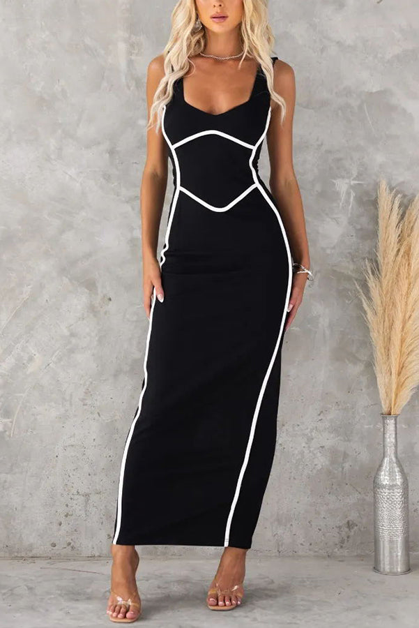 Vestido largo ceñido elástico Robamiradas con ribete de líneas
