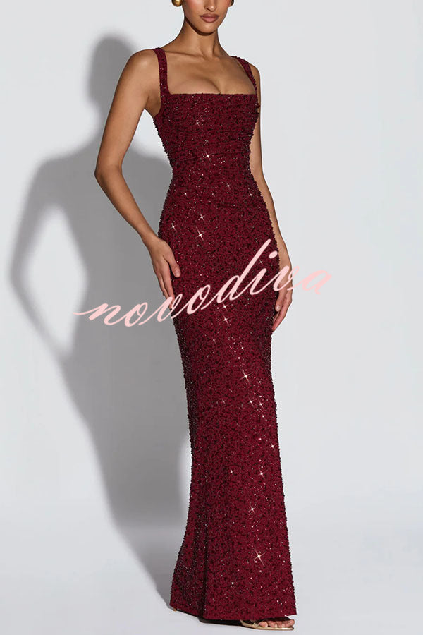 Vestido largo Calanthe de gasa con lentejuelas, fruncido, escote cuadrado y lazada en la espalda