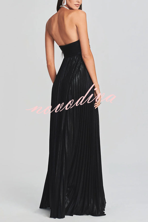 Vestido largo sexy metalizado palabra de honor plisado con abertura alta