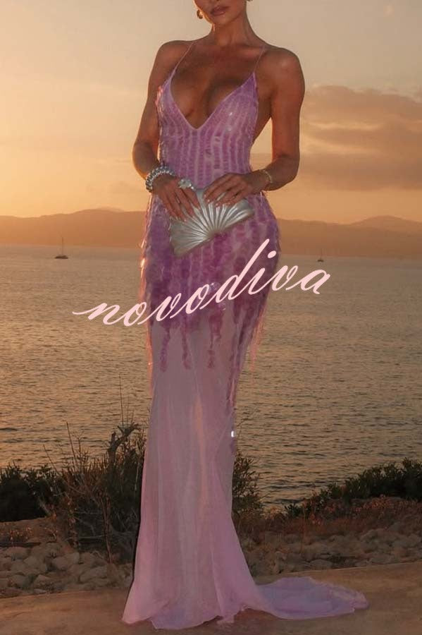 Vestido largo lencero Noche Perfecta de lentejuelas bordadas con espalda descubierta y bajo drapeado de tul