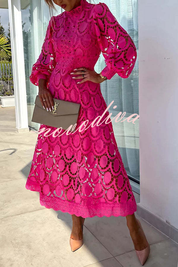 Vestido midi de fiesta Romántico, Sensual y Elegante de encaje de ganchillo con manga farol