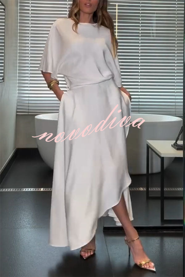 Vestido largo holgado Moderno y Elegante de satén cruzado con media manga ancha, bolsillos y abertura