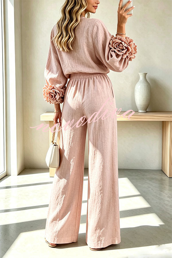 Conjunto de mezcla de lino de blusa con puños florales y pantalón con cintura elástica y bolsillos