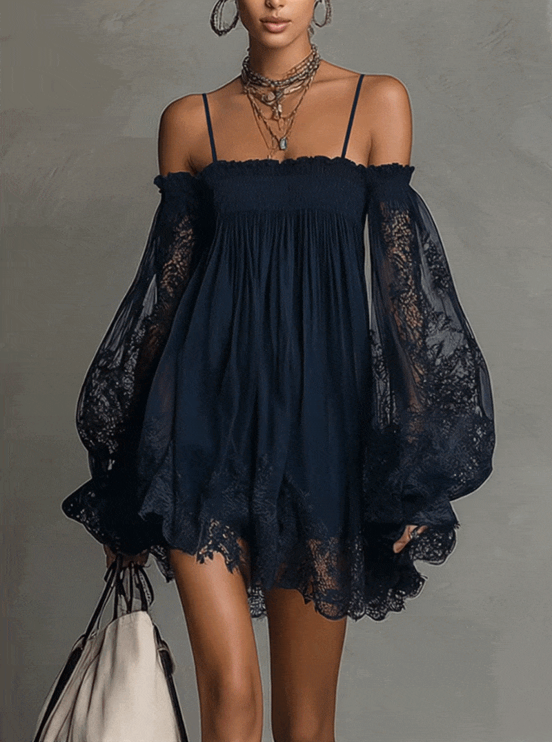 Noemi™ | Vestido mini de gasa y encaje azul marino