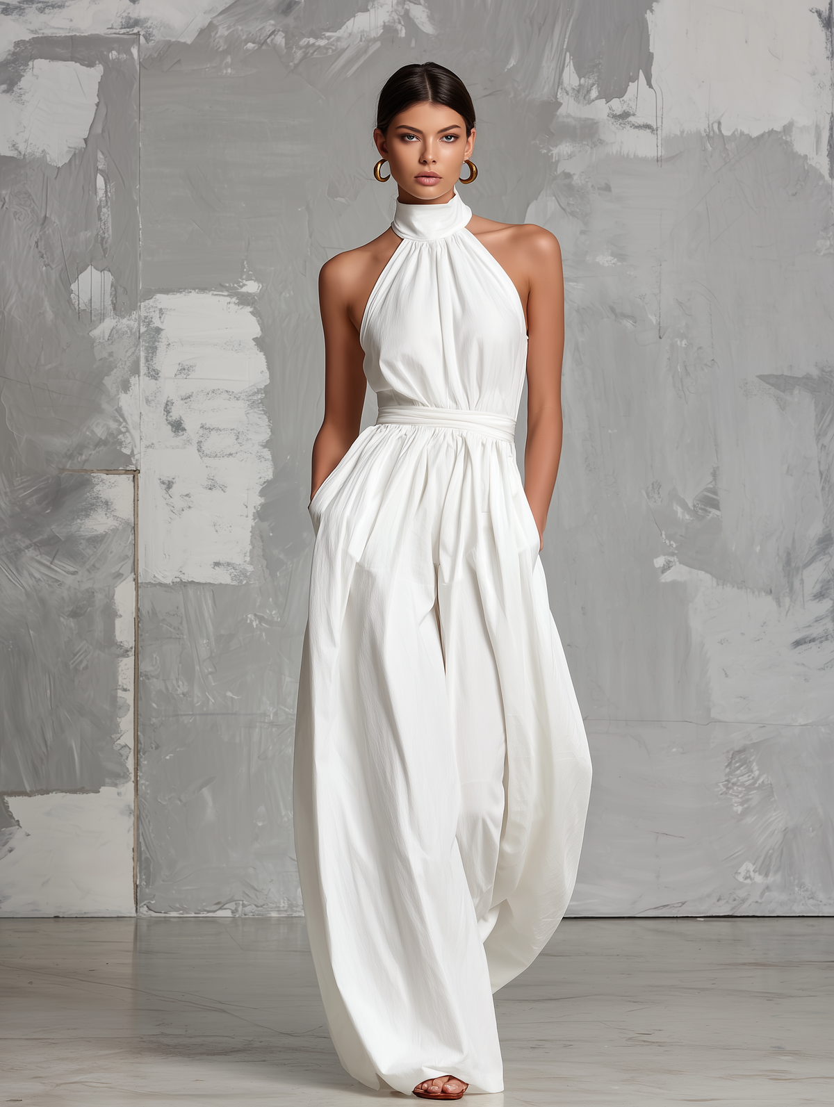 Zoltán | Mono blanco de tejido sin mangas con cuello halter, elegante • S1