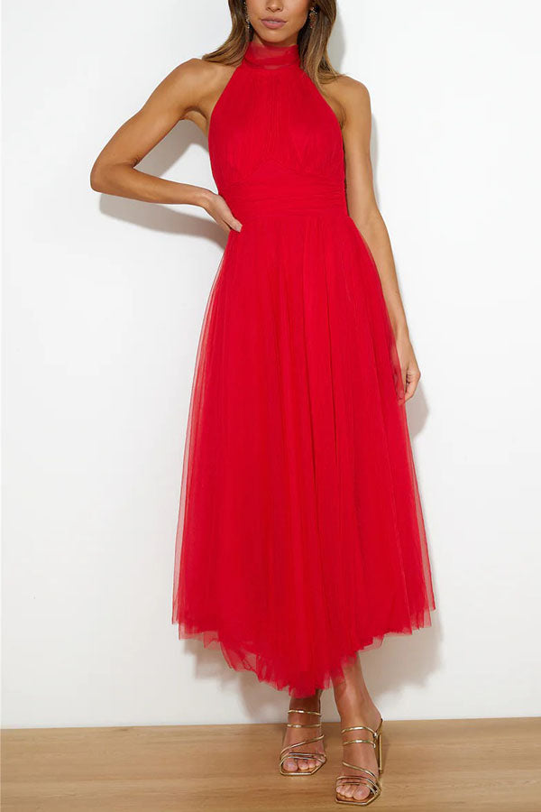 Vestido largo halter Fairy Vibes de tul con detalle fruncido