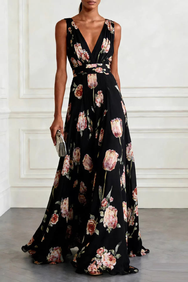 Vestido largo elegante con estampado de tulipanes, escote en V, sin mangas y cintura marcada