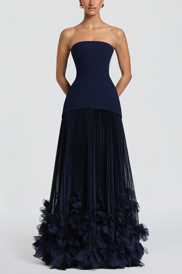 Vestido largo de gala Serafina palabra de honor con apliques florales hechos a mano, bajo plisado y lazada en la espalda