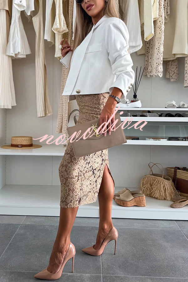Falda midi elástica Lesia de encaje floral de talle alto con abertura