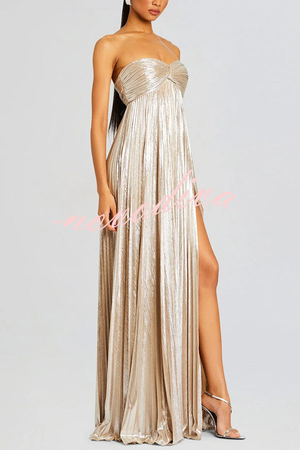 Vestido largo sexy metalizado palabra de honor plisado con abertura alta