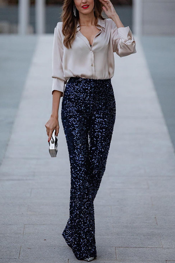 Pantalón acampanado Diva de terciopelo con lentejuelas, talle alto y cintura elástica