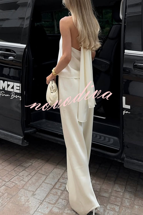 Conjunto Glamour Moderno de top halter de satén con lazada y pantalón ancho con cintura elástica