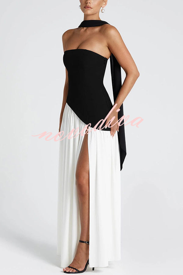 Vestido largo elegante de gasa con hombros descubiertos, bajo plisado, pañuelo y abertura