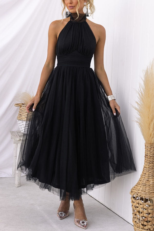 Vestido largo halter Fairy Vibes de tul con detalle fruncido