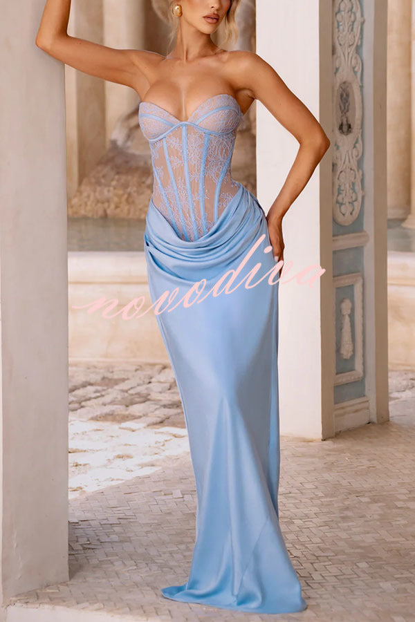 Vestido largo Kathleen palabra de honor de encaje floral con detalle estructurado en contraste, lazada en la espalda y bajo de satén