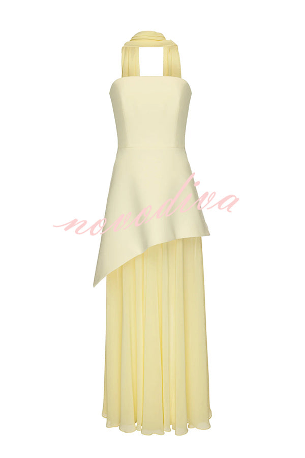 Vestido largo Mónaco con pañuelo, cuerpo estructurado con hombros descubiertos y bajo de gasa con abertura