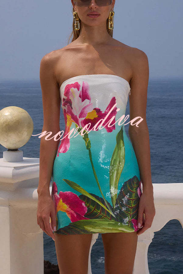Minivestido elástico palabra de honor Beach Club de lentejuelas con estampado exclusivo