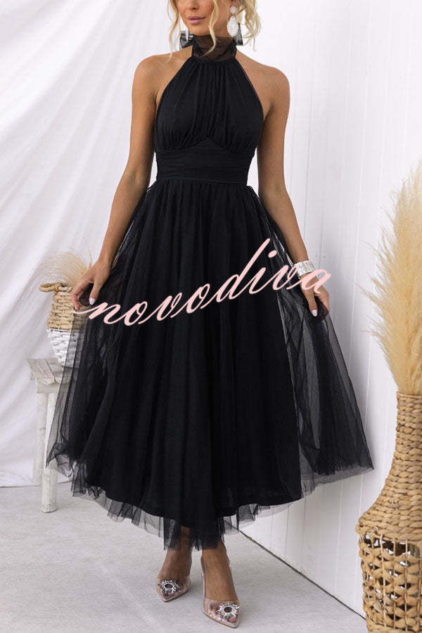 Vestido largo halter Fairy Vibes de tul con detalle fruncido