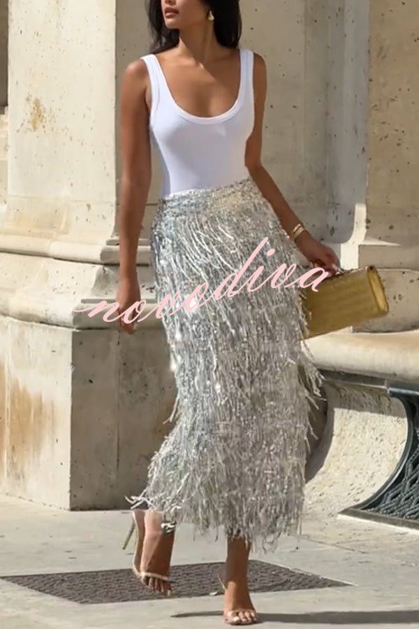 Falda midi Evening Charm de talle alto con flecos de lentejuelas superpuestos, cremallera trasera y abertura